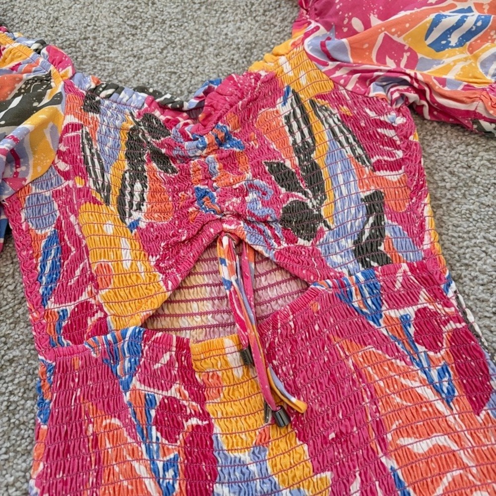 Maaji Clarissa Mini Dress Womens S Pink Tropical Ruched Smocked Resort Vacation - Picture 2 of 7
